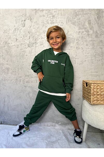 ibeeka Boy's 3-Thread Tracksuit Set with Slogan Text Detail