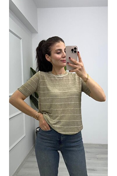 TUNAM BUTİK 1325 Crew Neck Short Sleeve Knitwear with Side Stripe Detail Khaki