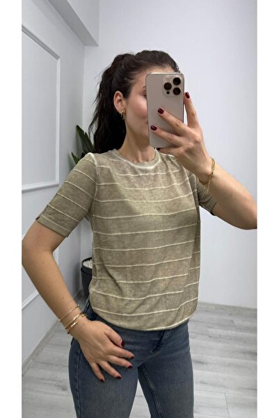 TUNAM BUTİK 1325 Crew Neck Short Sleeve Knitwear with Side Stripe Detail Khaki