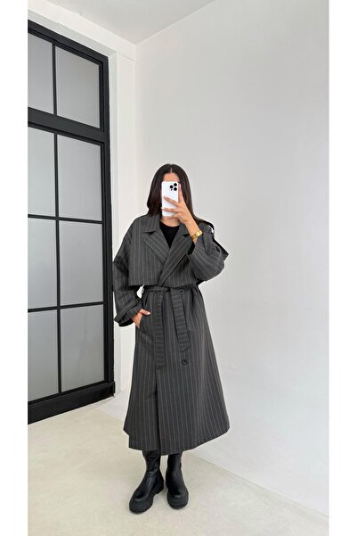 Gaus Gri Çizgi Detaylı Kuşaklı Astarlı Premium Uzun Trençkot GAUS-00120