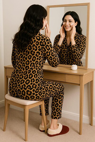 Pemilo Set de pijamale cu mânecă lungă și nasturi din piele intoarsa pentru femei 6443 LEOPARD