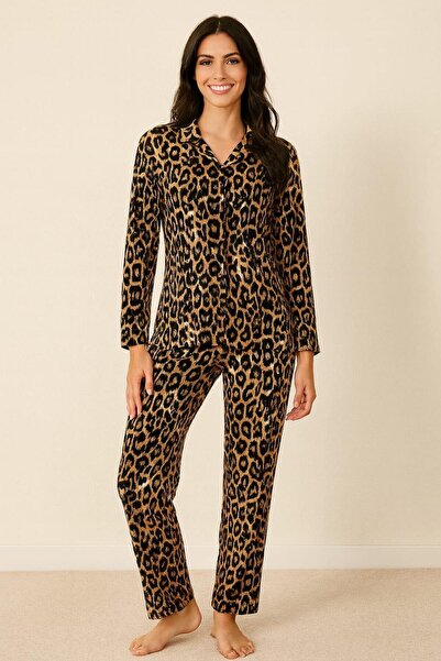 Pemilo Set de pijamale cu mânecă lungă și nasturi din piele intoarsa pentru femei 6443 LEOPARD