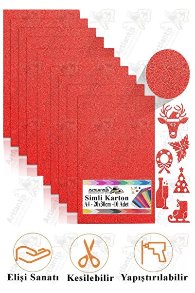 Artlantis Kırmızı Simli Karton A4 20x30 cm 10 lu 1 Paket Simli Fon Kartonu Parıltılı Kağıt Anasınıfı Kreş Etki