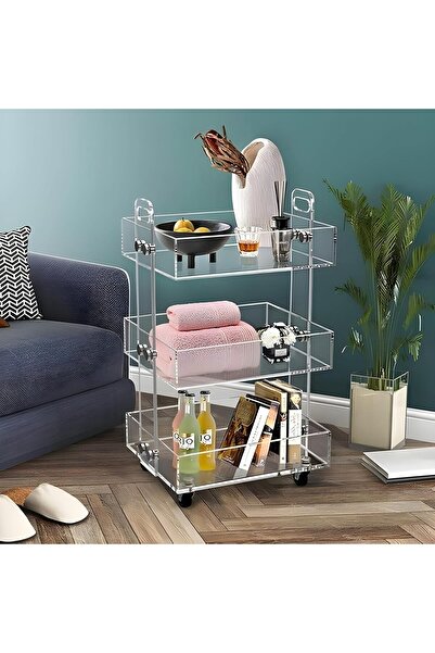 Slasa 3-Tier Clear Acrylic Rolling Utility Cart 71x34x41.6 cm – Modern & Spac...
