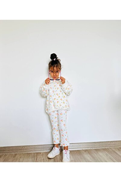 Lolliboomkids Girl's Floral - Leopard Detailed 3 Thread Bottom Top Set Sweatshirt + Leggings