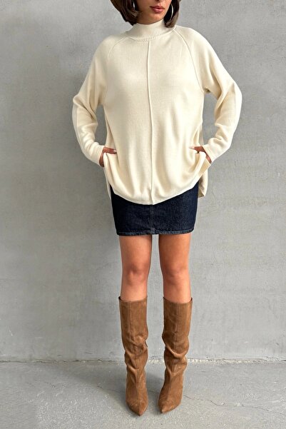 Lusin Cardigan de tricotat cu mânecă lungă, cu detaliu de dungi, cu jumătate de gât rotund, în bej, pentru femei