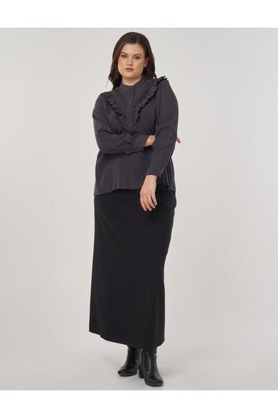 Kayra Düğme Detaylı Gömlek Yaka Bluz Füme