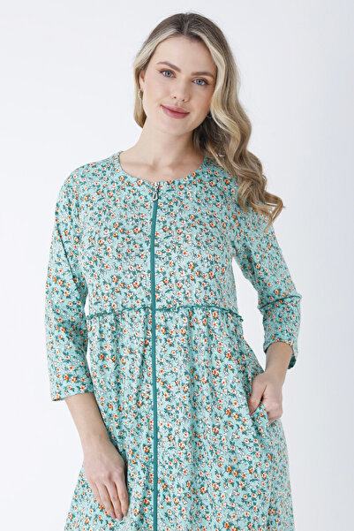 İntensive Rahat Kalıp Yeşil Çiçek Desenli Pamuklu Boydan Fermuarlı Bisiklet Yaka Cepli Truvakar Kollu Elbise