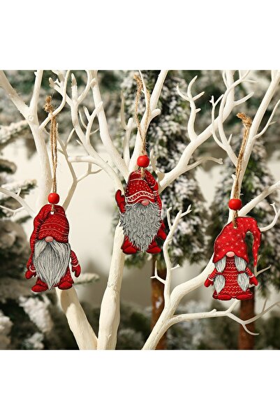 Flippy Set of 9 Wooden Christmas Decorations with Hanging String, Santa Model, Mixed Sizes, Red