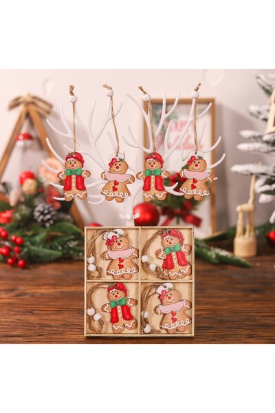Flippy Set of 12 Wooden Christmas Ornaments (Flippy) with Hanging String, Gingerbread, Multicolor