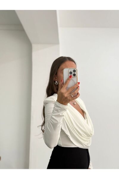 BETÜLAKSU Degaje Collar Shoulder Pleated Blouse White