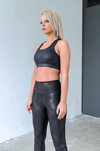 Alışveriş Sokağı Slim Fit Patterned Leather Look Recovery Black Sports Leggings