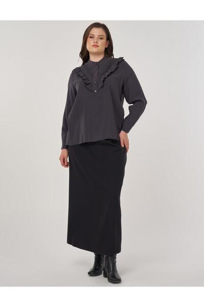 Kayra Düğme Detaylı Gömlek Yaka Bluz Füme