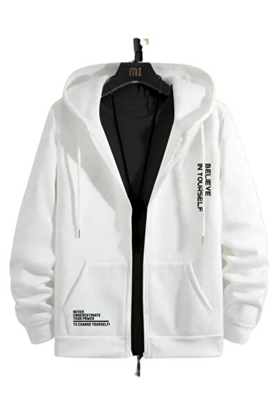 NO 601 Unisex White Believe Printed Full Zip Cardigan Jacket