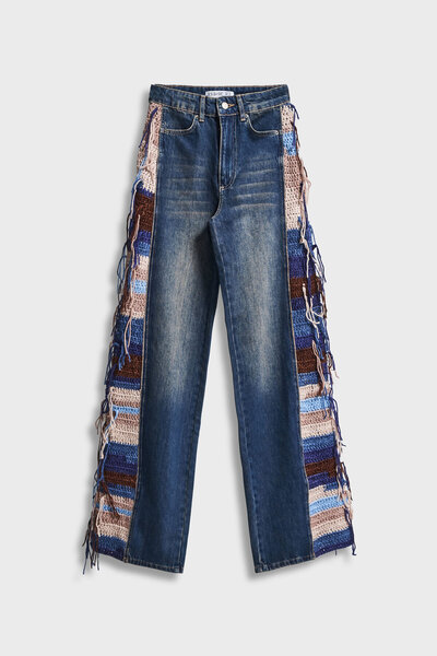 its basic Kadın Kot Rengi 2w5-8 Flare Palazzo Fit Etnik Örme Detaylı Viskon Kumaş Özel Tasarım Denim Jean