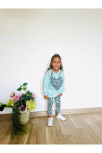 Lolliboomkids Girl's Floral - Leopard Detailed 3 Thread Bottom Top Set Sweatshirt + Leggings