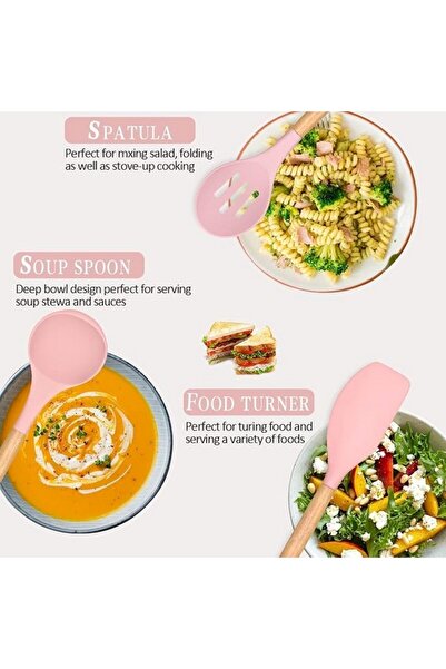 LVEON Set of 33 non-stick silicone cooking utensils, with stand, wooden handle, pink,