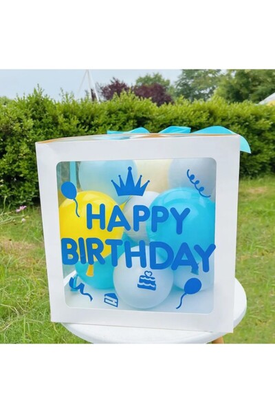 Flippy Balloon Box - Birthday Theme 'Happy Birthday' - Blue, White, Yellow - Ribbon Included - 30x30