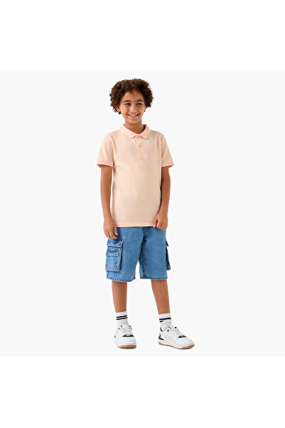 Juniors Solid Polo T-shirt with Short Sleeves and Button Closure