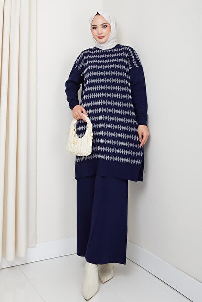 BisuModa Silvery Striped Patterned Knitwear Tunic Pants Set