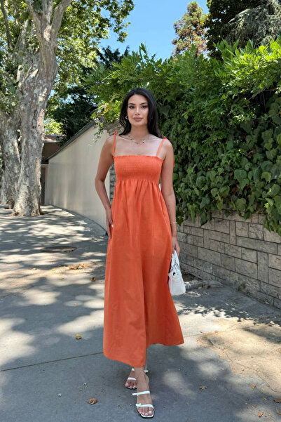 oshebu Oranj – Pamuklu Uzun Yazlık Kadın Elbise – Omuzdan Bağlamalı Askılı Büzgülü Astarsız