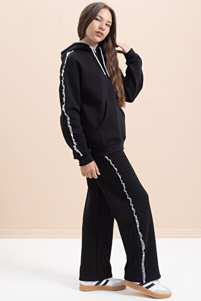 Cansın Mini Black Girl's 3-Thread Suit with Lace Detail 21503