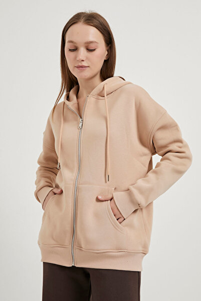 Arma Life Γυναικείο φούτερ με φερμουάρ και κουκούλα σε μπεζ χρώμα oversize