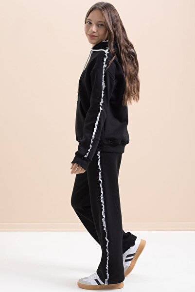 Cansın Mini Black Girl's 3-Thread Suit with Lace Detail 21503