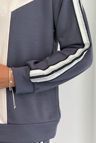 Ded COLLECTION Women's Silvery Stripe Detailed Collared Zippered Wide Leg Double Modal Set