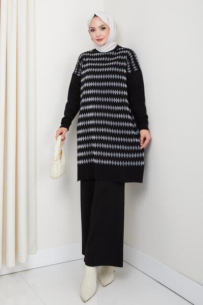 BisuModa Set pantaloni tunică tricotat cu model linie argintie