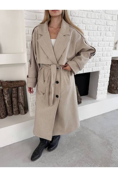 ZF BUTİK Übergroßer Mantel mit Stempel-Schulterdetail, Gürtel und Knöpfen