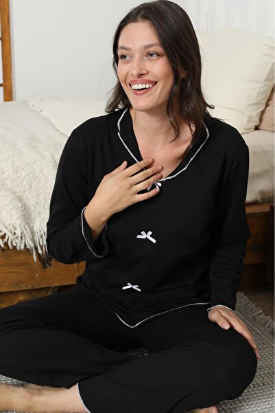 STELLAPİNK UZUN KOL FİYONK DETAYLI YAKALI PİJAMA TAKIMI - SİYAH