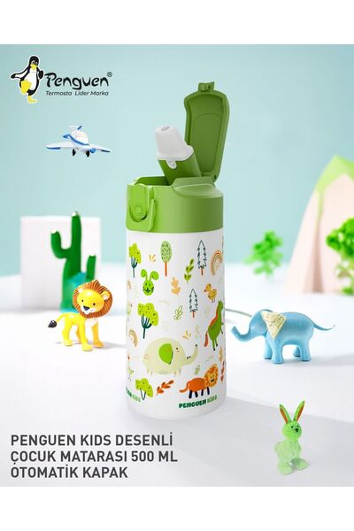 Penguen Patterned Children's Water Bottle Stainless Steel 500Ml-Water Bottle Kids