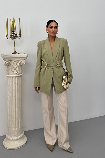 spirituel Γυναικείο μπλέιζερ παλτό Κομψό μπουφάν με διπλό γιακά, με λεπτομέρεια από χρυσή ζώνη