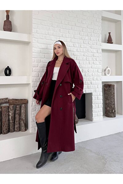 ZF BUTİK Buttoned Oversize Coat with Cashmere Shoulder Detail and Belt