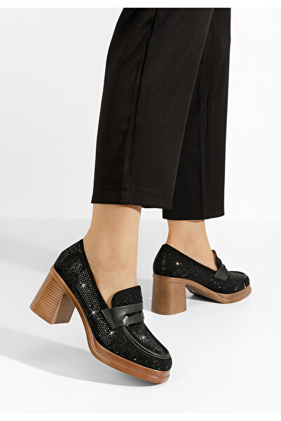 B T Shoes Čierne dámske mokasíny na opätku Evia V2