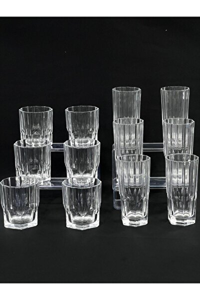 isra kristal Crystal Embossed Glass Cups Set of 12 - 6 Tall and 6 Short Water, Soft Drink and Cocktail Glasses