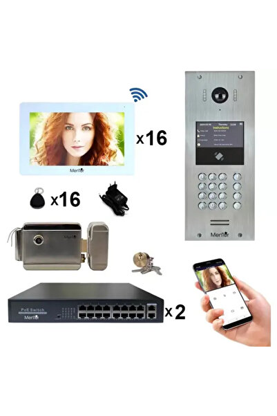 MMD Kit Interfon Video 16 familii wireless WiFi IP65 1.3MP 7 inch Color 4in1 POE Tag Mentor SYKT038