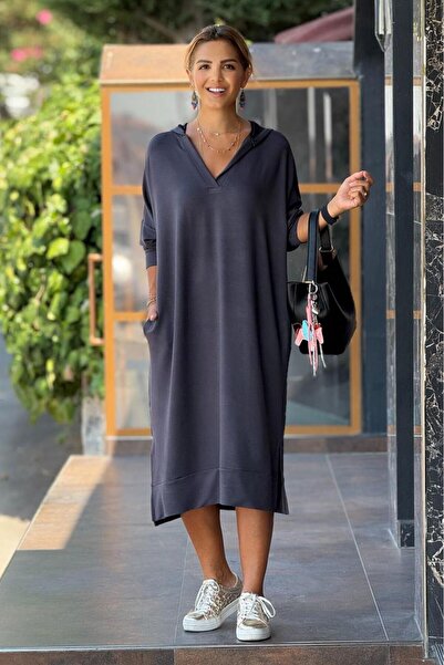 Nevin Kaya Moda Antrasit Renk Sweat Elbise - Modal Kumaş