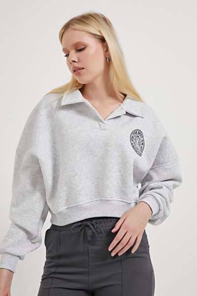 Arma Life Kadın Açık Yaka Şardonlu Gri Bol Crop Sweatshirt