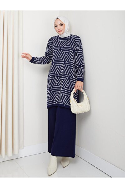 BisuModa Silvery Triangle Patterned Knitwear Trousers Tunic Set
