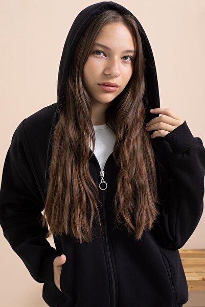 Cansın Mini Black Girl's Hooded Cardigan with Hood 21518
