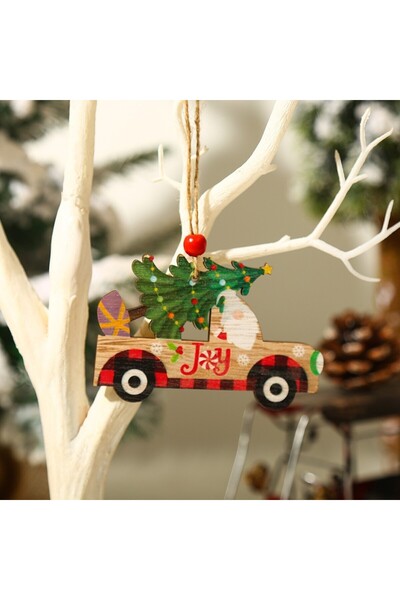 Flippy Wooden Christmas Decoration with Hanging String, Santa's Car Design, 'Joy', 8 x 8 x 0.4 cm, M