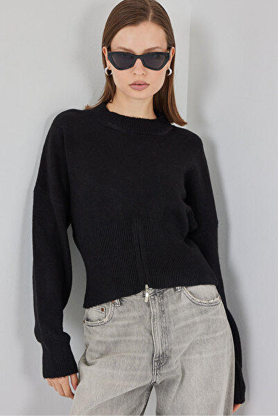 Bigdart Kadın Fermuarlı Triko Kazak 15937 - Siyah