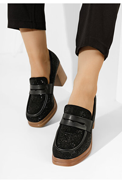 B T Shoes Čierne dámske mokasíny na opätku Evia V2