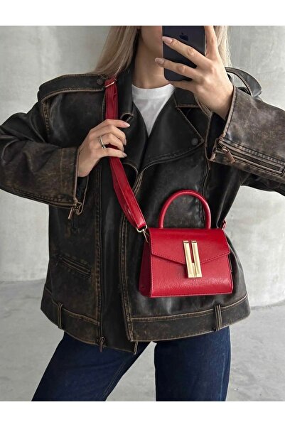 grand coco Women's Red Hand and Shoulder Bag with Gold Buckle Detail