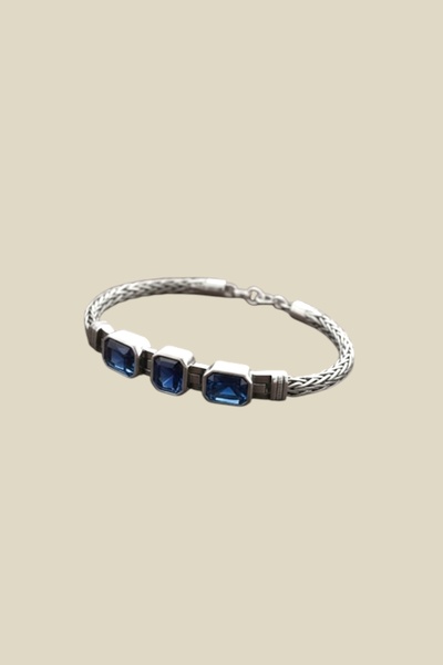 Sevilgülgünfinecrafts Men's Bracelet with Straw Weave Chain and Blue Stone