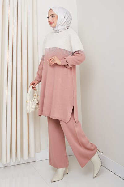 BisuModa Knitted Glitter Patterned Knitwear Tunic Pants Set