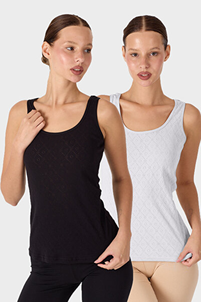 Malabadi Women's Black and White 2-Piece Thick Strap 100% Cotton Jacquard Tank Top 2m354