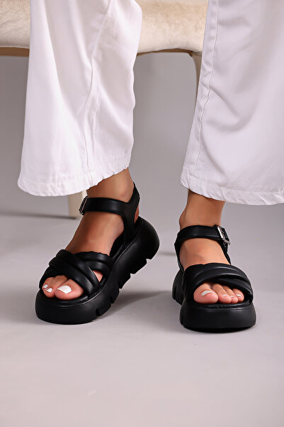 Modafadır Women's Black Thick Heeled Adjustable Buckle High Sole Casual Summe...